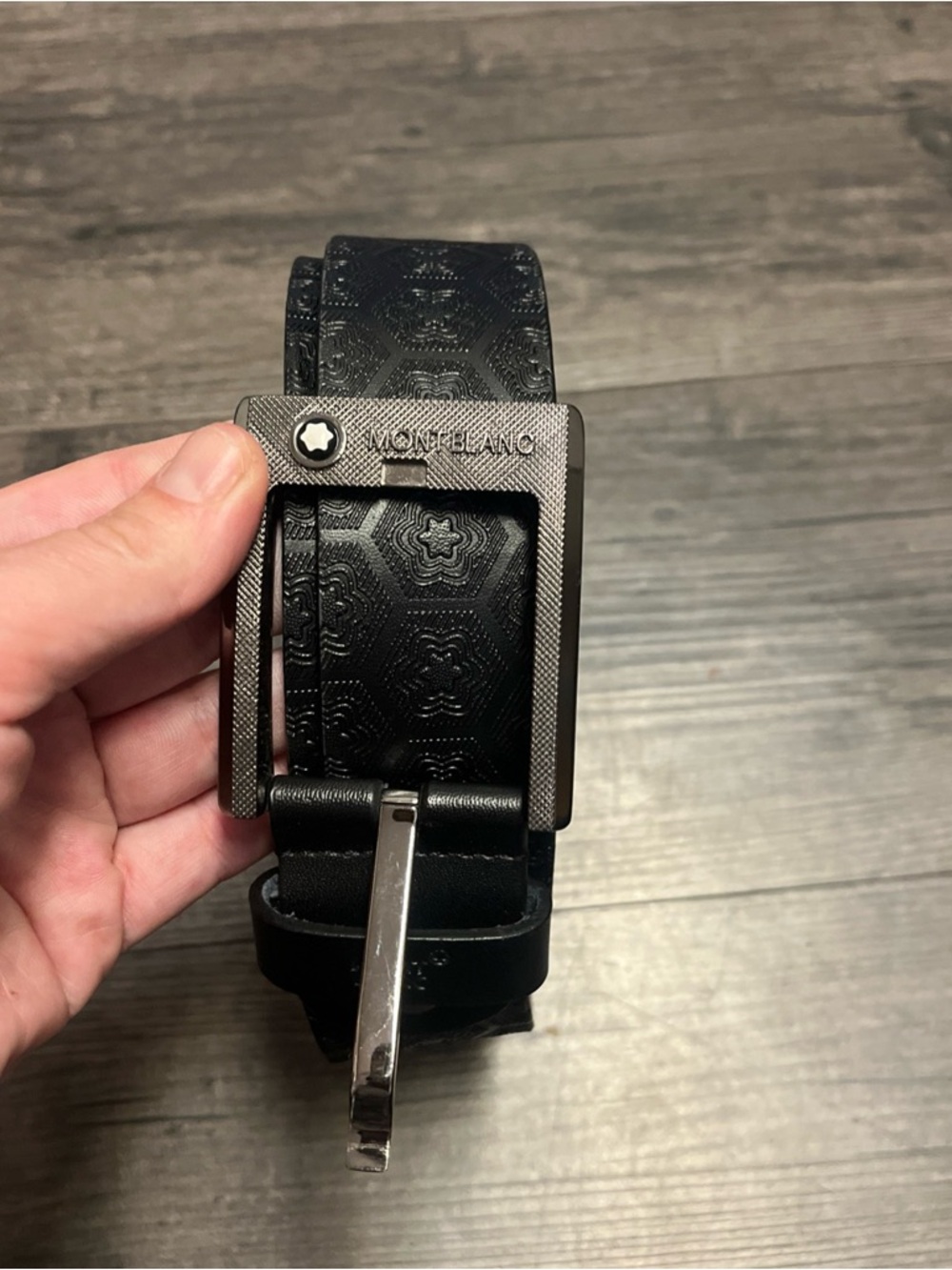 Montblanc Black Embossed Leather Belt with Textured Gunmetal Buckle